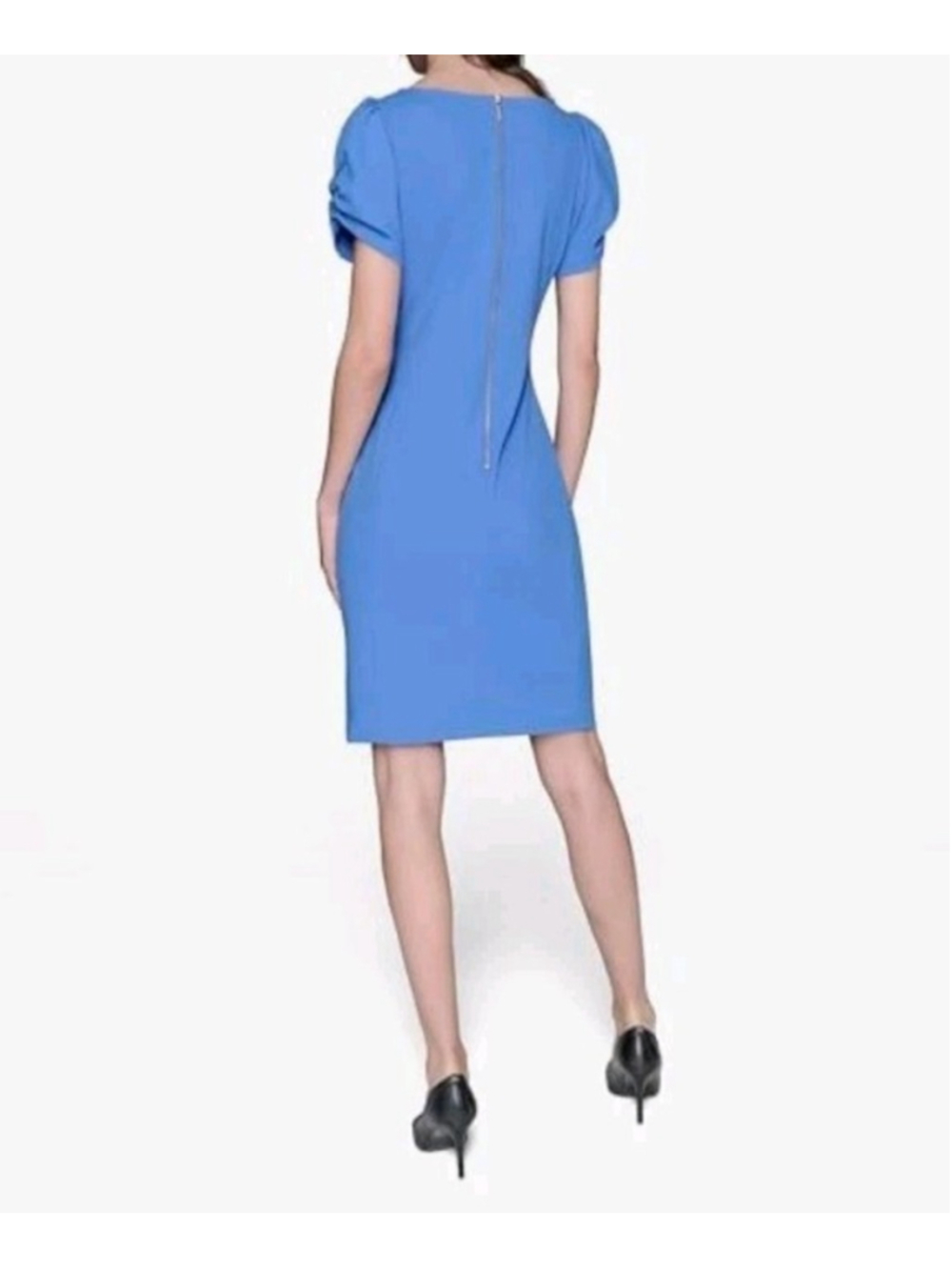 Karl Lagerfeld Womens Short Ruched Sleeve Jewel Blue Neck Sheath Dress Size 12 - Picture 3 of 12